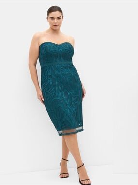 City Chic Strapless Teal Lace-Overlay Midi Dress